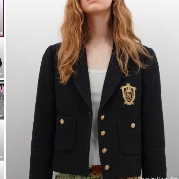 Nwot Zara Tweed Black Blazer Textured Patch Pocket  Emblem Gold ButtonsCropped L - Picture 5 of 15